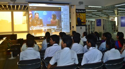 Miss America interacts with students