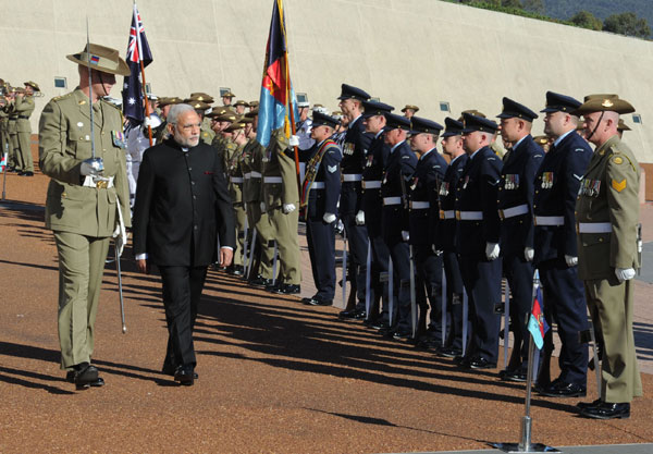 Narendra Modi being warmly received by the Prime Minister of Australia