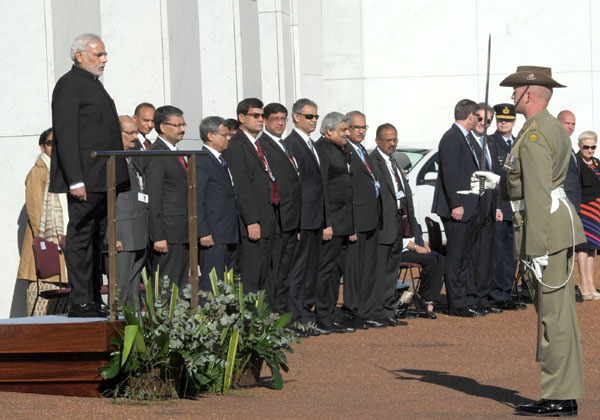 Narendra Modi being warmly received by the Prime Minister of Australia