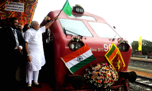 Modi flagging off the Talaimannar-Madu Road train, in Sri Lanka 
