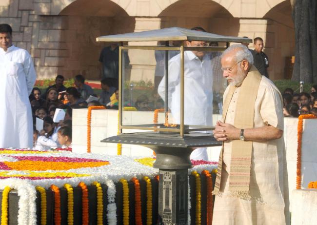 Mahatma Gandhi on his 146th birth anniversary, at Rajghat, in Delhi 