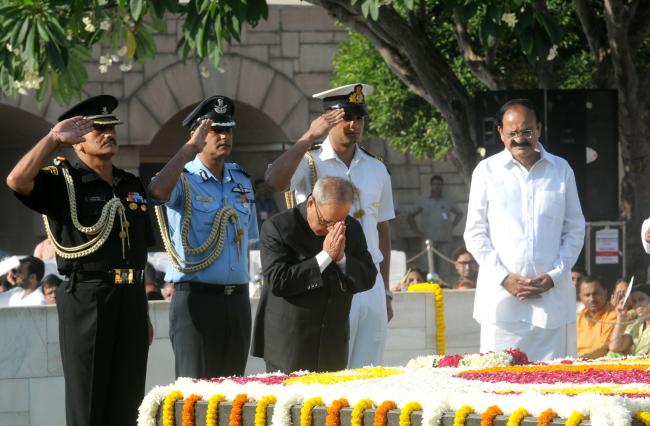 Mahatma Gandhi on his 146th birth anniversary, at Rajghat, in Delhi 