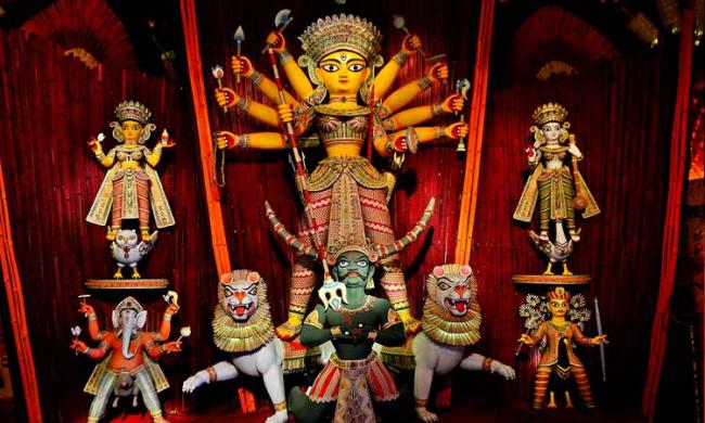 Glimpse of Goddess Durga from Kolkata's Ahiritola Sarbojanin
