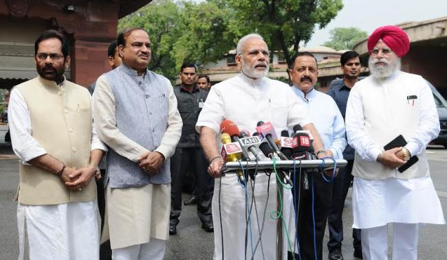 Prime Minister,Narendra Modi interacting with the media at the start of Monsoon Session of Parliament