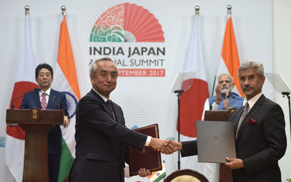 Narendra Modi and the Prime Minister of Japan, Mr. Shinzo Abe at Ground Breaking ceremony of Mumbai-Ahmedabad High Speed Rail Project