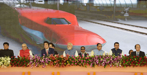Narendra Modi and the Prime Minister of Japan, Mr. Shinzo Abe at Ground Breaking ceremony of Mumbai-Ahmedabad High Speed Rail Project