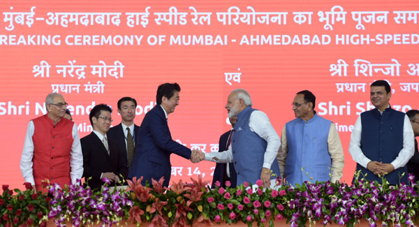 Narendra Modi and the Prime Minister of Japan, Mr. Shinzo Abe at Ground Breaking ceremony of Mumbai-Ahmedabad High Speed Rail Project