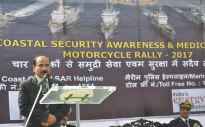 The former Air Chief Marshal Arup Raha flagging off the Coast Guard Motor Cycle Rally Cum Medical Campaign