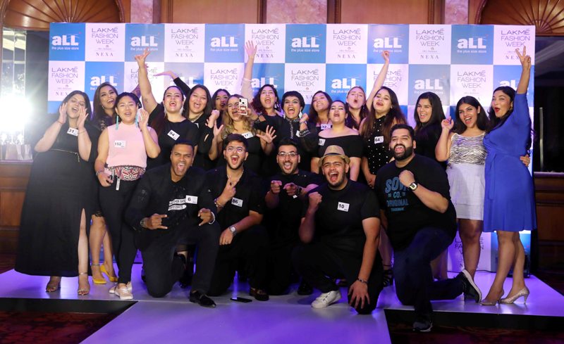 Contestants pose at Lakme Fashion Week in New Delhi
