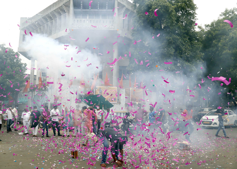 Ayodhya: VHP workers participates in a celebration to mark the groundbreaking ceremony