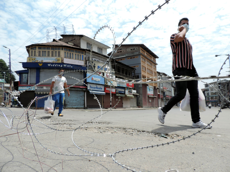 A view of the closed Hari Singh street in Srinagar amid Covid lockdown