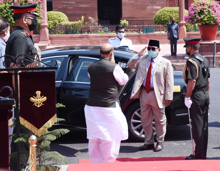 Indian Defence Minister Rajnath Singh receives Indonesian counterpart Gen Prabowo Subianto