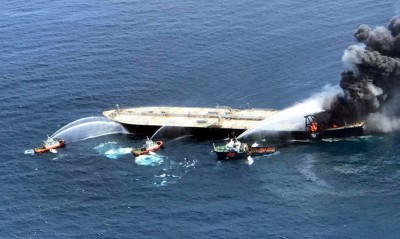 Indian Coast Guard, Sri Lankan Navy and Tug boats attempt to douse fire at MT NewDiamond oil tanker off the east coast of Sri Lanka