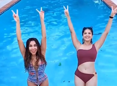 Splash: Bikini-clad Sunny Leone enjoys her swimming pool moment with friend Nuria, shares video online