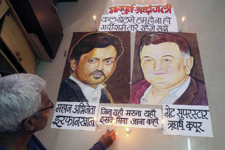 A rangoli for Irrfan Khan and Rishi Kapoor