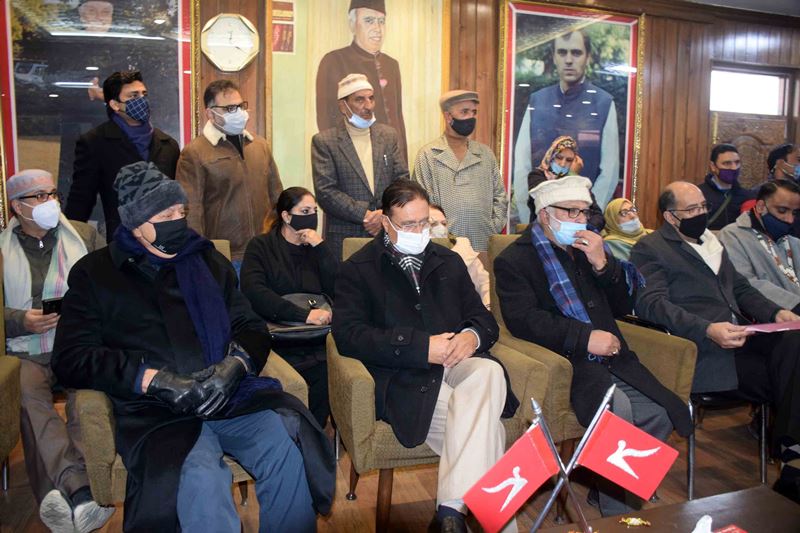 Farooq Abdullah addresses party workers at headquarters in Srinagar after DDC polls win NationalConference,
