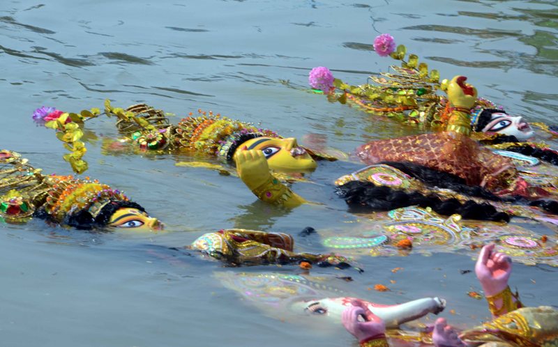 Glimpses of immersion of Goddess Durga's idols at Kolkata's Babughat