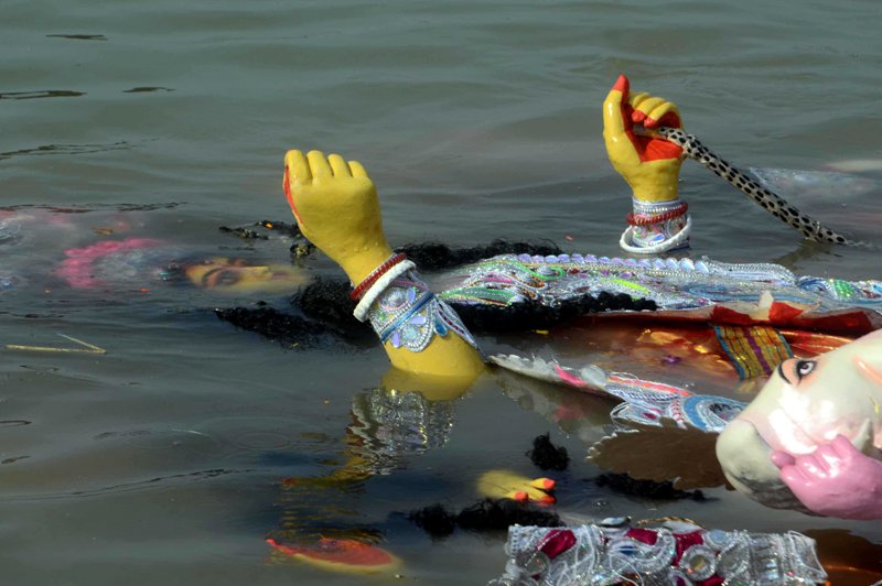 Glimpses of immersion of Goddess Durga's idols at Kolkata's Babughat