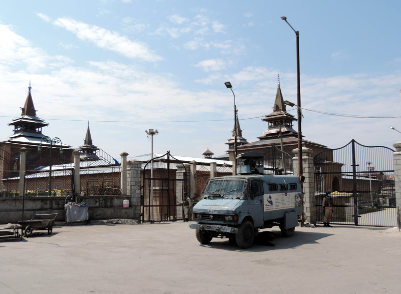 Security personnel patrolling near the Sher-e-Kashmir Cricket Stadium