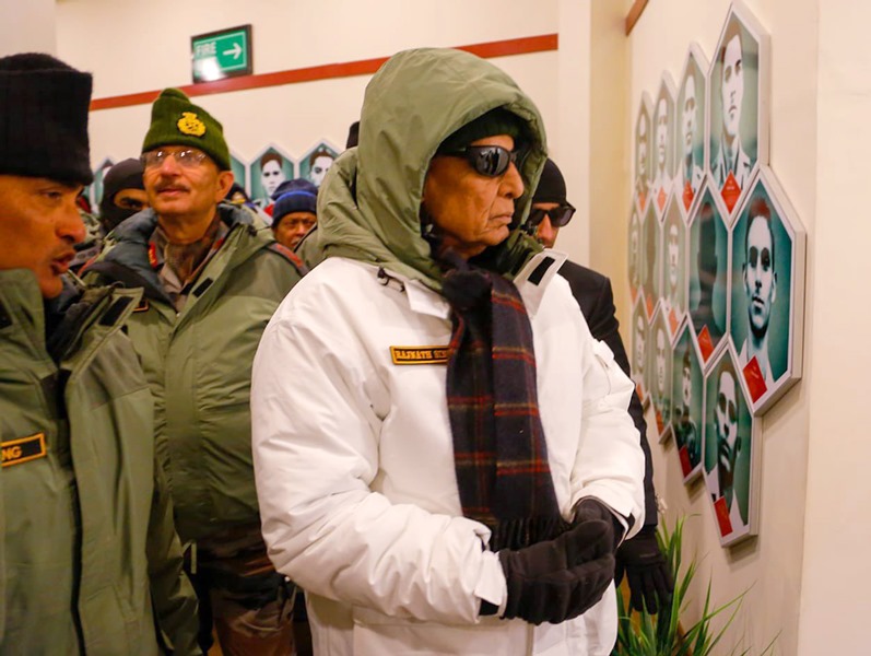 Rajnath Singh laying wreath at Rezang La War Memorial, Ahir Dham