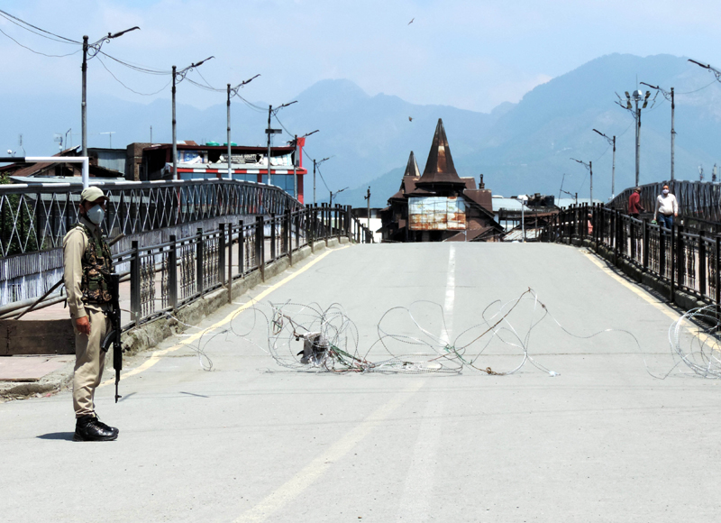 View of security forces enforcing strict lockdown in Srinagar