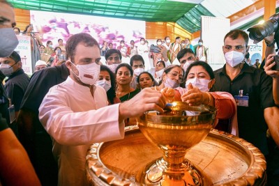 Rahul Gandhi lights lamp on Mahila Congress' Foundation Day