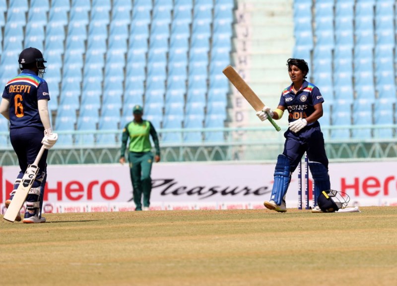 Paunam Raut celeberates her hundred against South Africa