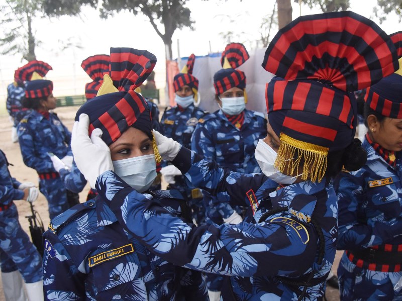 Police personnel marching during full dress rehearsal for Republic Day