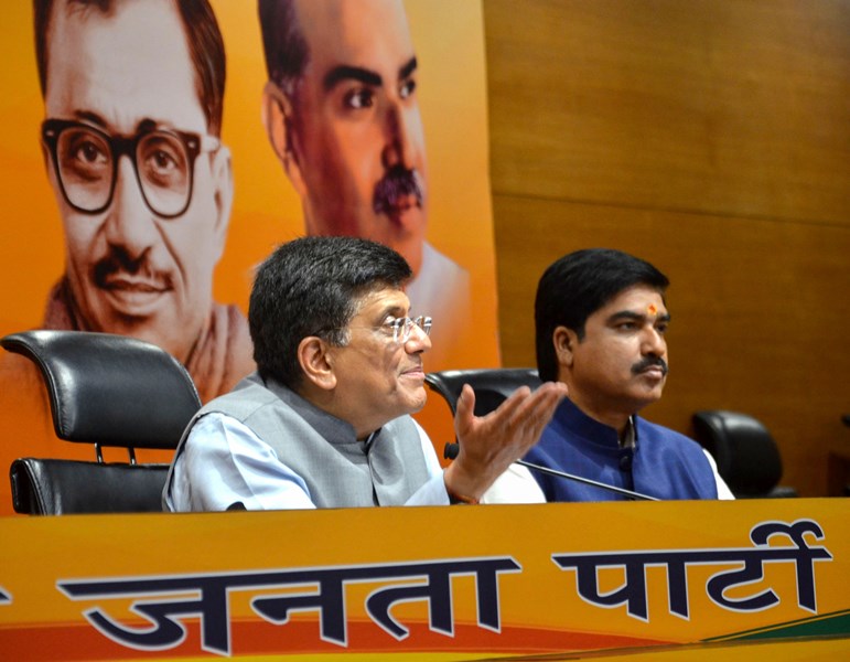 Piyush Goyal addresses media at BJP headquarters in Delhi