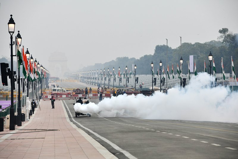 Municipal workers fumigating Rajpath ahead of R-Day Parade