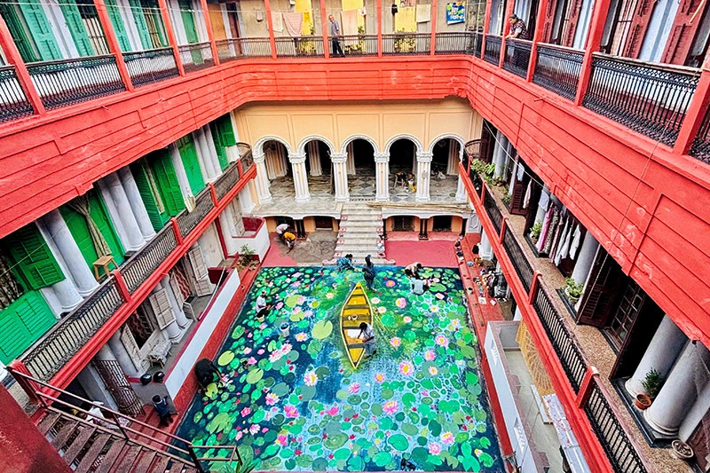 In Images: 3D Alpana Adorns Raj Krishna Mitra’s Dorjipara Home for Durga Puja