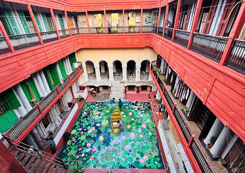 In Images: 3D Alpana Adorns Raj Krishna Mitra’s Dorjipara Home for Durga Puja