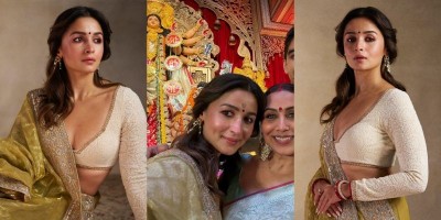Alia Bhatt drapes saree in seedha pallu style, chooses white and red bangles to attend Rani-Kajol's Durga Puja festivities