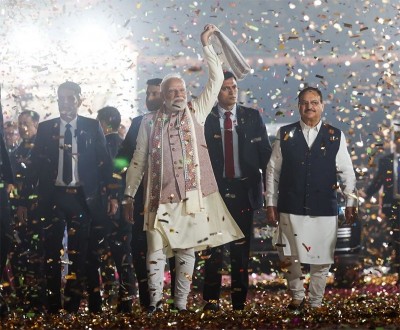 In Images: PM Modi celebrates NDA’s historic Bihar win with party cadres in Delhi HQ