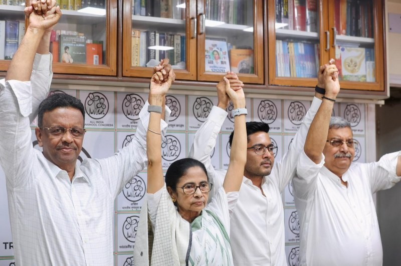 In Images: Mamata Banerjee, Abhishek Banerjee address media after Bengal poll defeat