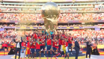 Watch: Trump's awkward World Cup moment goes viral as Infantino leads him off Spain's celebration podium
